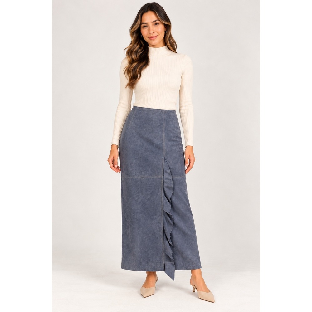 Vintage Live a Little Loehmann's NWT 100% Leather Ruffle Maxi Skirt Blue 10